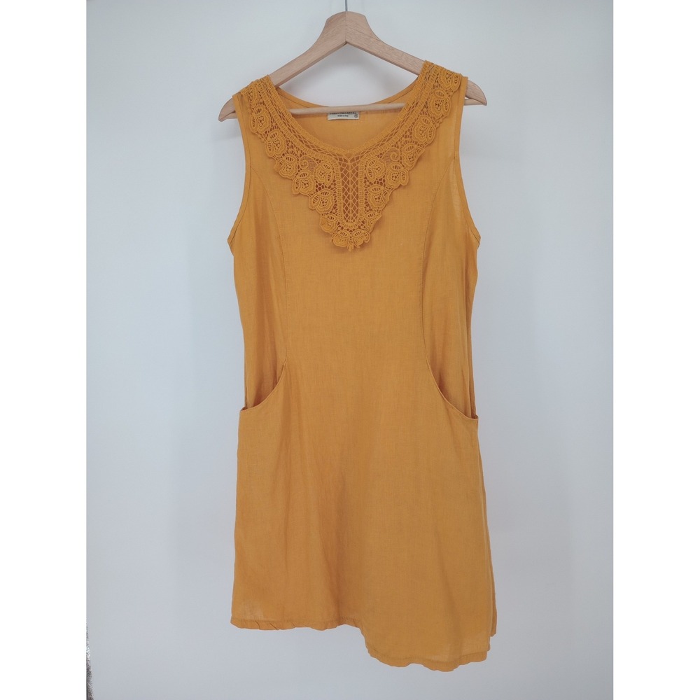 Terzo Millennio Shift Dress Medium Yellow Lace Neck Sleeveless Made Italy Linen